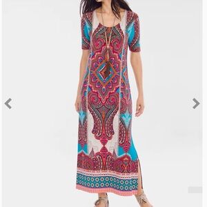 CHICOS Medallion Dress Boho Paisley Print Stretch Jersey Knit Pullover Maxi 1